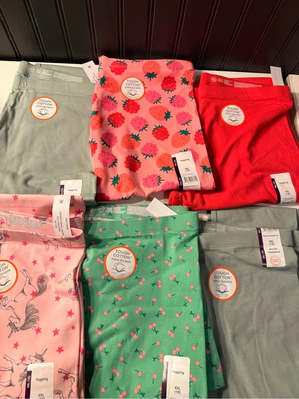 Girls' Tough Cotton Leggings Bundle - Pink, Green, Red, sage, unicorn and strawb